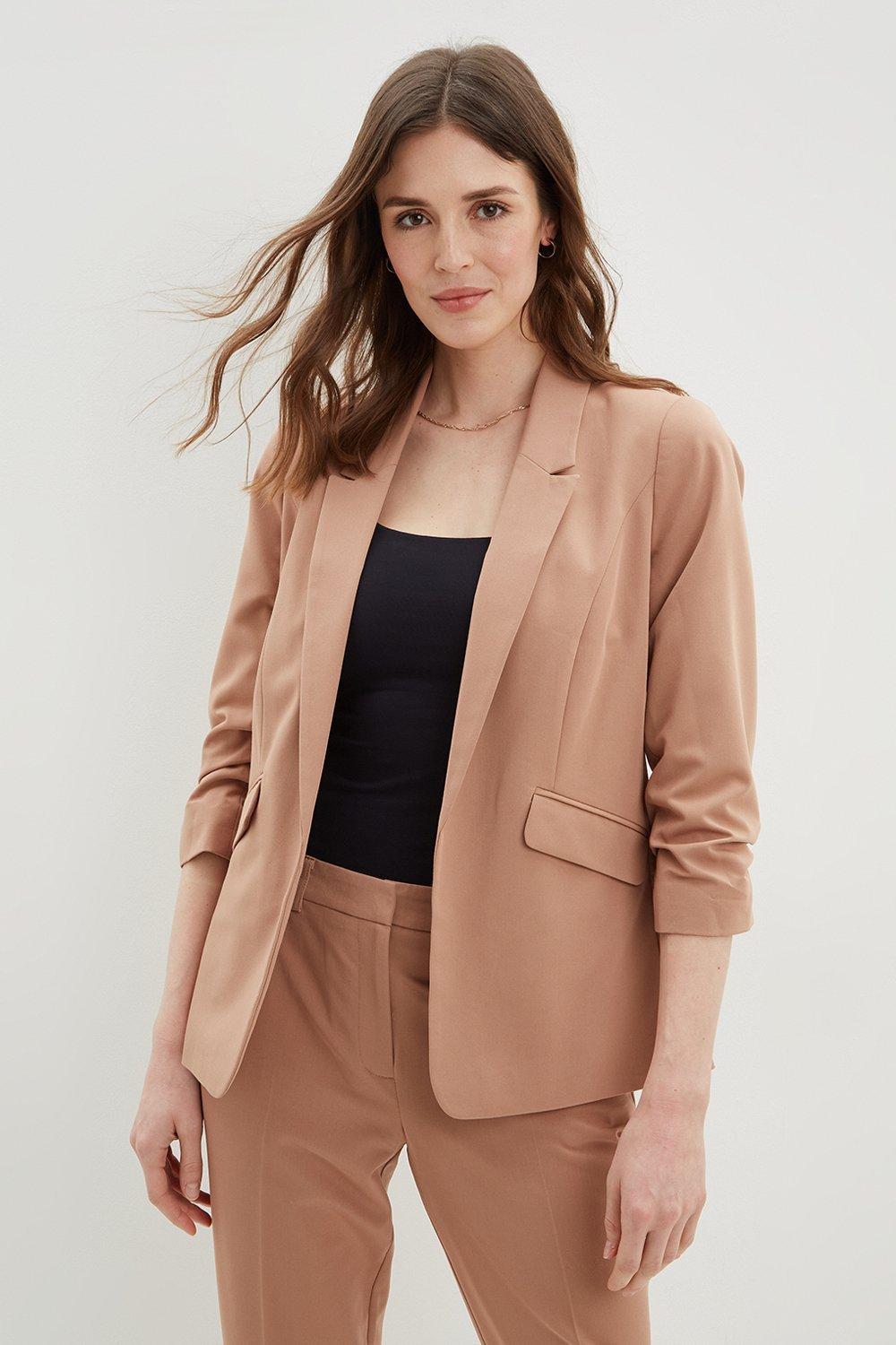 Camel ruched sleeve outlet blazer